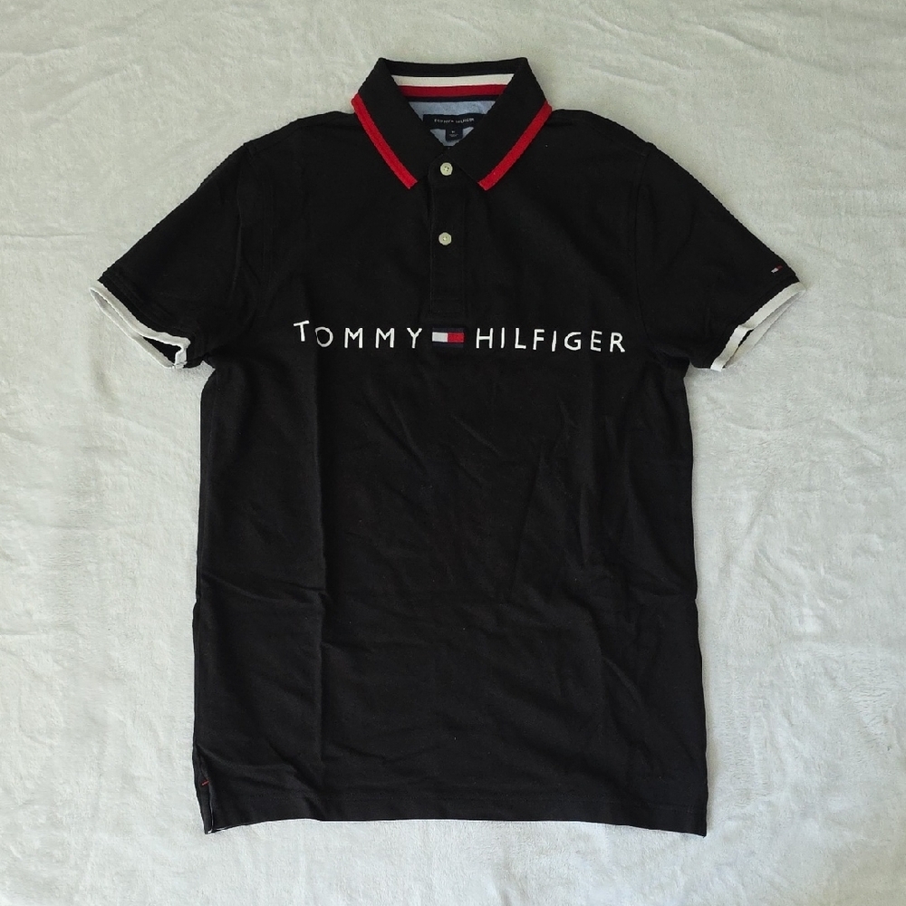 Tommy Hilfiger Black Polo Shirt with Striped Collar